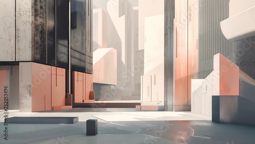 Big city life depicted in formalist aesthetics style, featuring abstract still lifes with light, minimal lines in black and grey, complemented by a warm color palette. photo