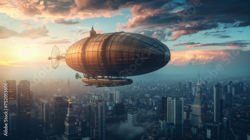 A steampunk-style airship flies over a contemporary city skyline bathed in the warm glow of a setting sun.