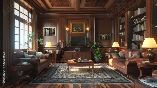 A warm and inviting library room featuring rich wooden paneling, classic furniture, and a collection of books in a cozy atmosphere.