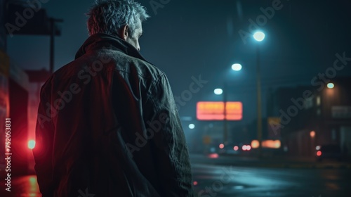 A man standing in the middle of a street at night. Suitable for urban themes