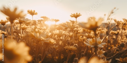 Beautiful sunset over a field of flowers, ideal for nature backgrounds