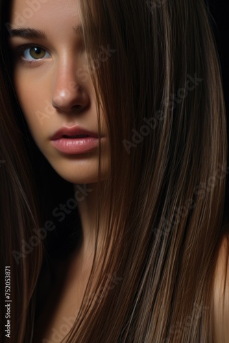 A beautiful young woman with long brown hair, suitable for various projects