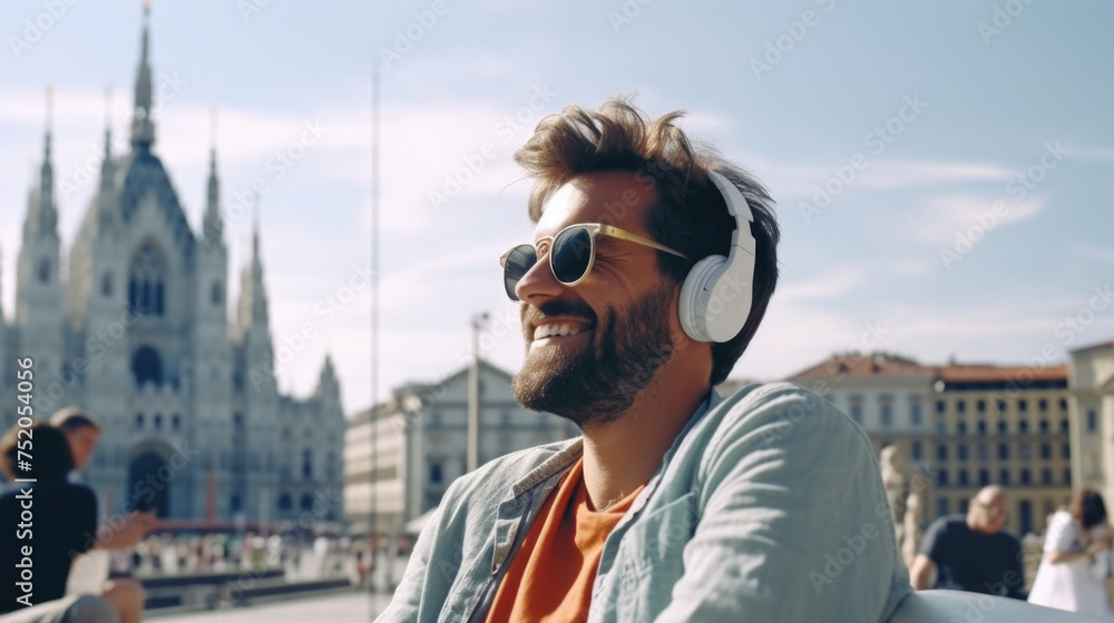 A man sitting on a bench wearing headphones. Perfect for music or relaxation concepts - obrazy, fototapety, plakaty 