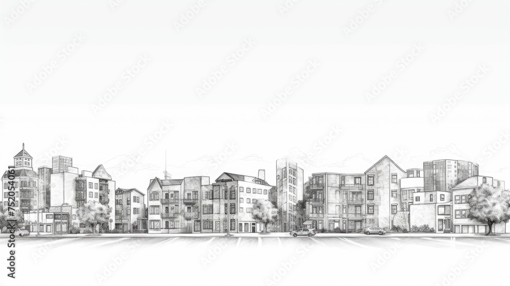 Detailed drawing of a bustling city with numerous buildings. Suitable for urban development projects