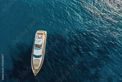A small boat floating in a large body of water. Suitable for travel and adventure themes © Fotograf