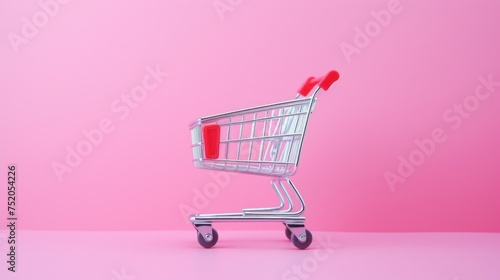 A small shopping cart on a pink surface, perfect for retail concepts