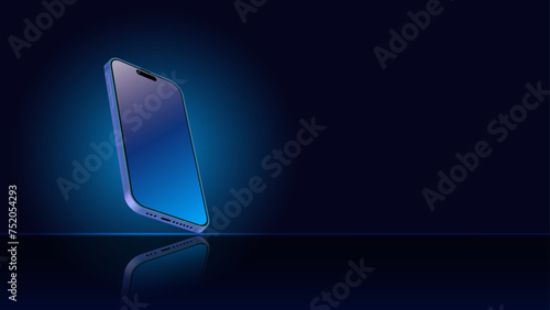 Smartphone and mobile display light banner. Smartphone screen template with shadow on a dark blue background. Vector abstract background for wallpapers, banners, invitations, and luxury vouchers.