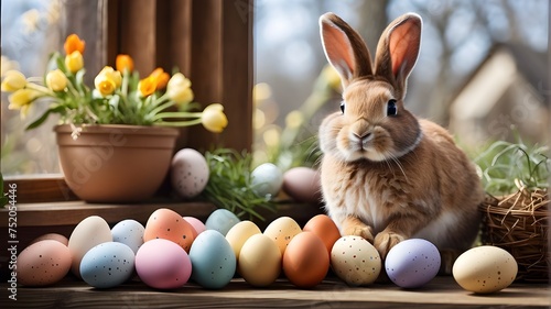Easter bunny and easter eggs on a wooden window sill © Iram__Art's 