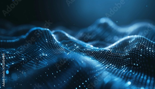 Abstract dark blue tech background with digital waves and artificial neural connections, quantum computing network system and electronic global intelligence