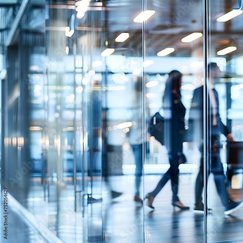 Blurred photos of business people standing and walking in an office reflected in glass walls.