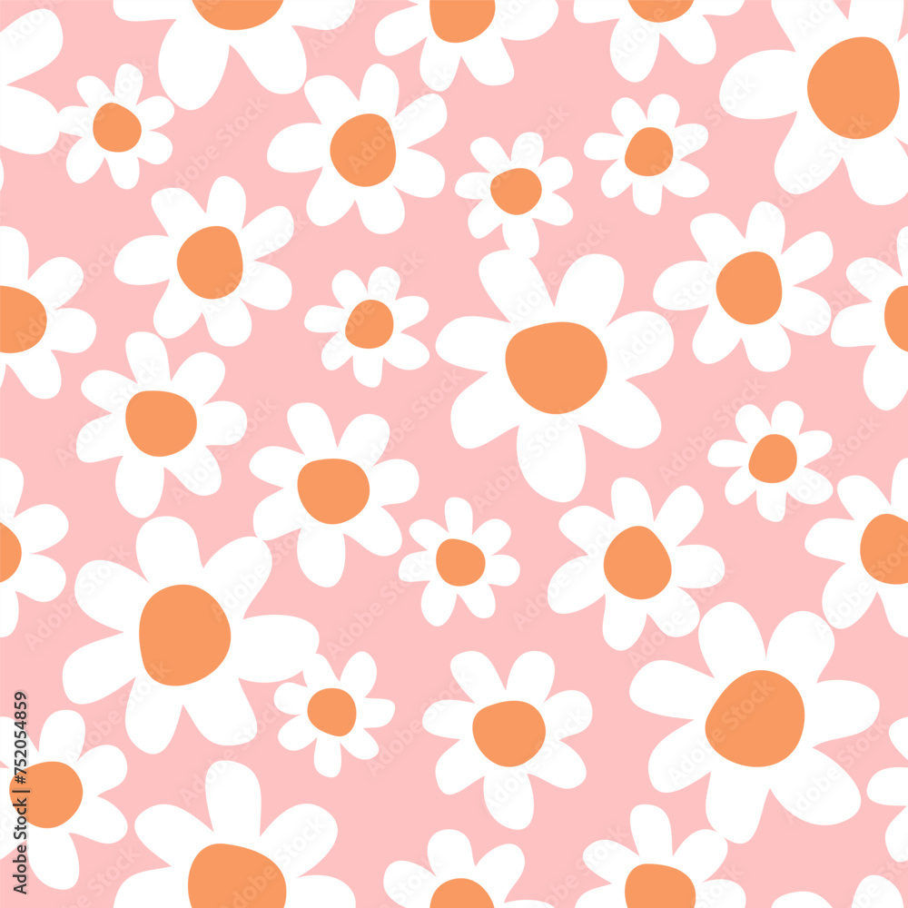 Seamless pattern with chamomile flowers on pink background. 1970s trippy pattern. Design for textile, wrapping paper, wallpaper.