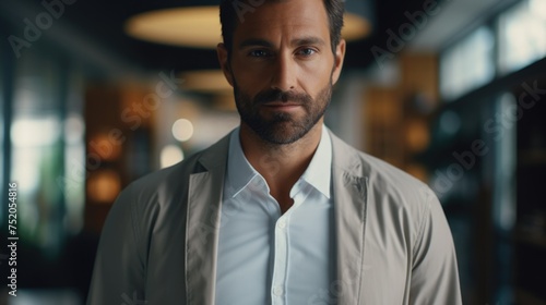A man with a beard wearing a white shirt, suitable for business or casual concepts