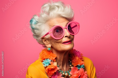 A stylish older woman wearing pink sunglasses and a flower necklace. Perfect for fashion or lifestyle themes