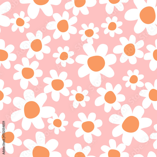Seamless pattern with chamomile flowers on pink background. 1970s trippy pattern. Design for textile, wrapping paper, wallpaper.