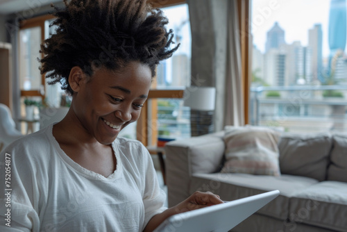 Young African american woman reviewing property listings on a tablet, smiling and taking notes. Free Download Young African american woman reviewing property listings on a tablet, smiling and taking notes. - GFXLoad