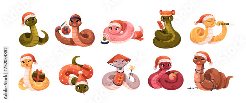 Cute funny snakes set. Chinese 2025 New Year symbol, happy animal character m...