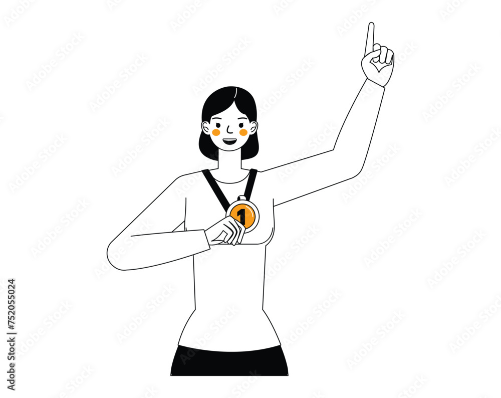 Business winner and success illustration concept. Businesswoman showing gold medal character outline flat and minimal vector design style. Business winner and success illustration concept. Businesswoman showing gold medal character outline flat and minimal vector design style.
