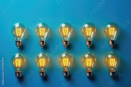 A group of light bulbs on a blue surface. Ideal for illustrating creativity and innovation