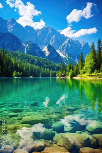 Scenic view of a tranquil lake nestled among majestic mountains. Perfect for travel and nature themes