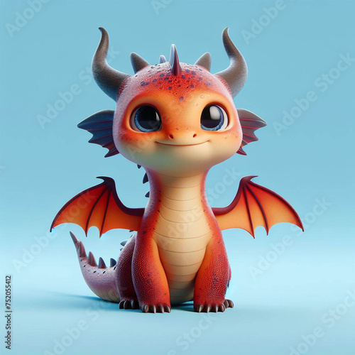 Realistic whole body of cute Dragon 3d animal in front view with blue background photo