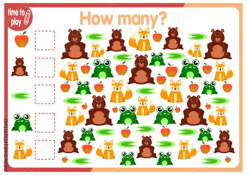 math card for children. studying numbers. children's logic problems. figurines for children. number. Funny animals. count the objects and write down their quantity