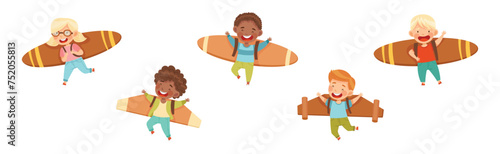 Little Boy and Girl with Cardboard Wings Dream of Flying Vector Set