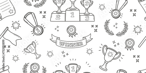 Seamless pattern on the theme of sports in doodle style. Cartoon background with winner cups and medals.