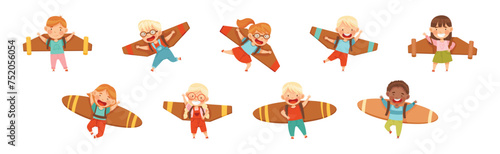 Little Boy and Girl with Cardboard Wings Dream of Flying Vector Set