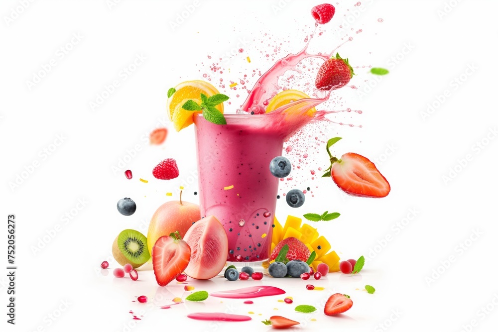 delicious pink magenta strawberry and raspberry fruit smoothie juice drink on a white background with ingredients flying and floating in the air as if exploded delicious pink magenta strawberry and raspberry fruit smoothie juice drink on a white background with ingredients flying and floating in the air as if exploded