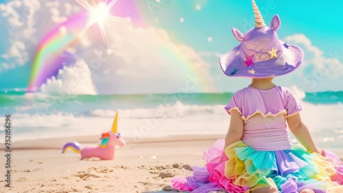 Add a touch of whimsy to your childs beach look with this fairy taleinspired ensemble featuring a pastel purple sun hat with a sparkly unicorn print a pink rash guard with photo