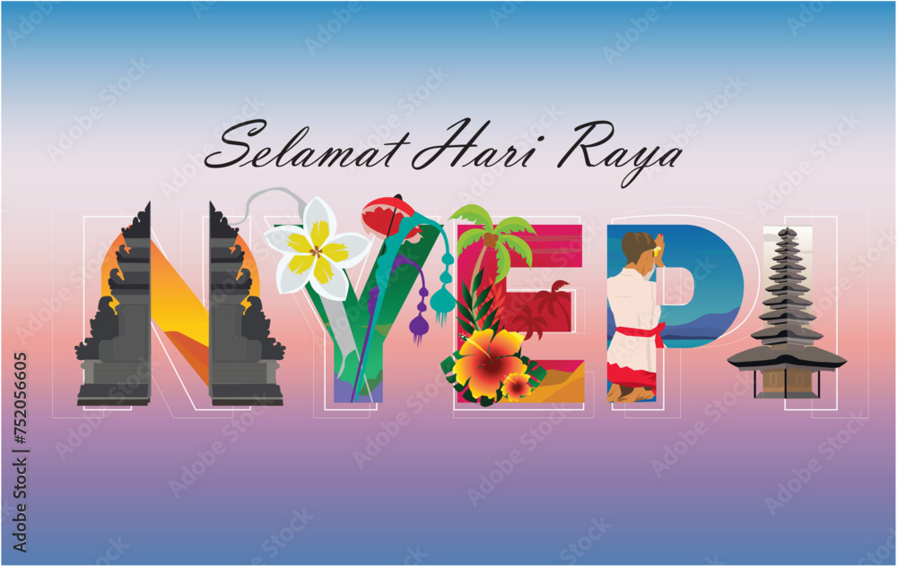 vector text nyepi celebration selamat hari raya view and all ornaments accessories view symbols ceremony in bali