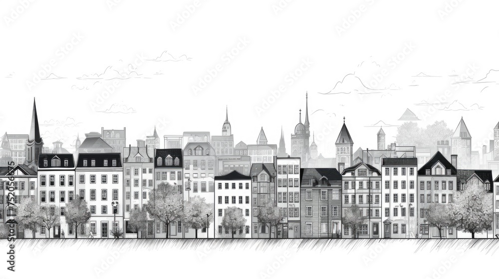 Detailed black and white drawing of a city, perfect for architectural projects