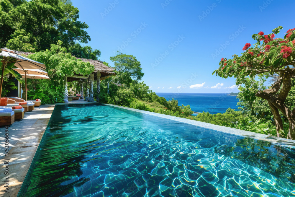 Infinity pool with clear, blue water, surrounded by lush greenery and ocean view - obrazy, fototapety, plakaty 