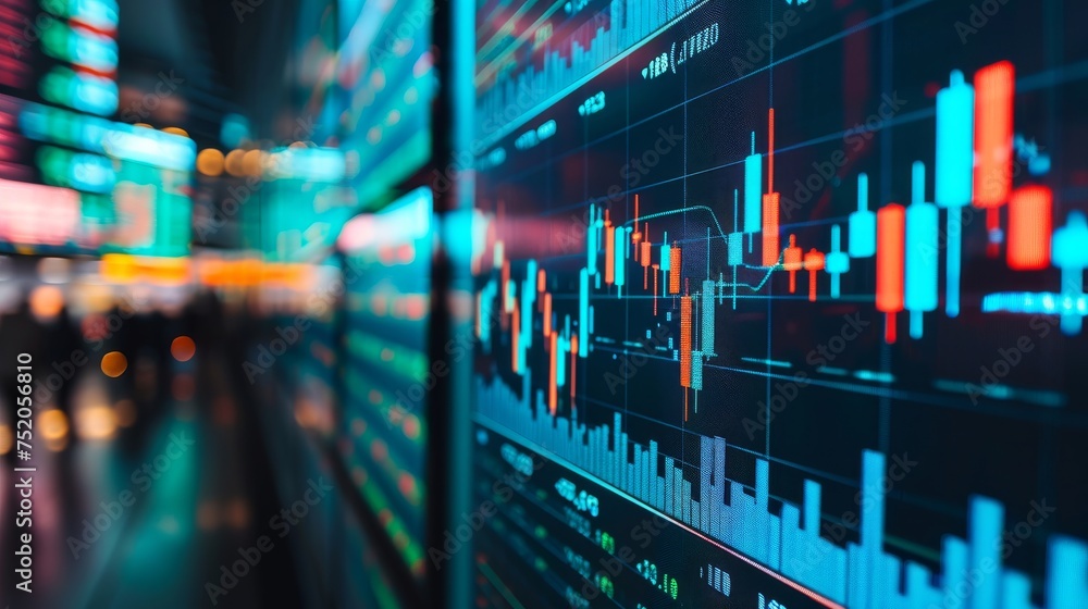 stock data monitor analyzing data stock market in monitoring room on the data presented in the chart, forex trading graph, stock exchange trading online, financial investment - obrazy, fototapety, plakaty 