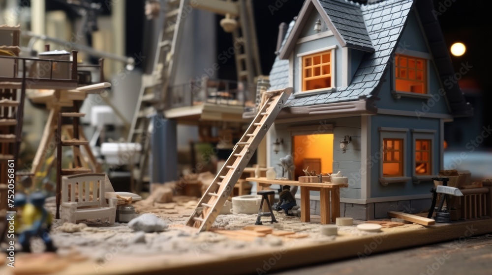 A detailed miniature house model with a ladder, perfect for architectural concepts or home improvement themes