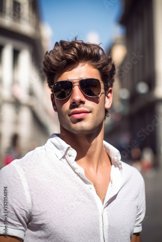 portrait of a handsome young man wearing sunglasses in the city