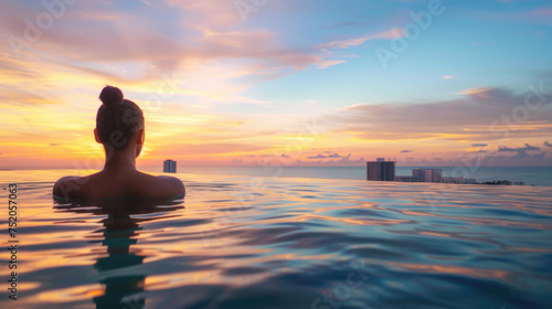 Woman in an infinity pool with the view of Hollywood beach coastline in Florida during sunset photo
