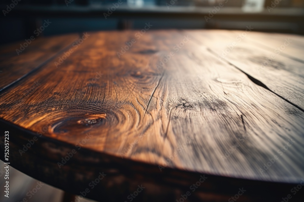 Close up shot of a wooden table with a blurry background, perfect for adding text or graphics