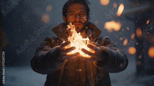 A man holding a glowing fire. Suitable for various concepts and designs