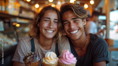 Young couple smiling with ice cream cones at a cafe.
