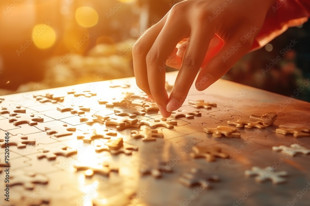 Person placing puzzle piece on table, ideal for educational concepts Person placing puzzle piece on table, ideal for educational concepts