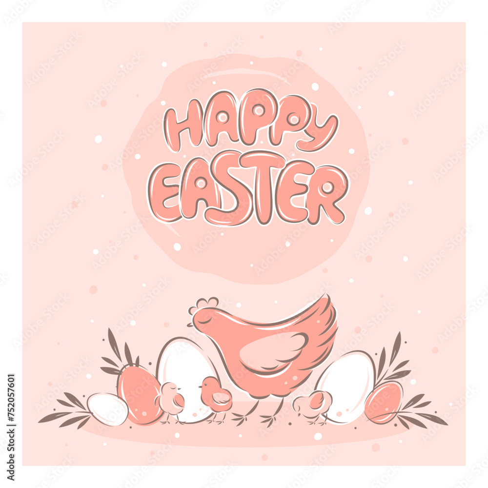 Happy Easter banner. Hand drawn Chicken with with chicks, Easter eggs and plants in pastel colors. Vector illustration poster, greeting card Happy Easter banner. Hand drawn Chicken with with chicks, Easter eggs and plants in pastel colors. Vector illustration poster, greeting card