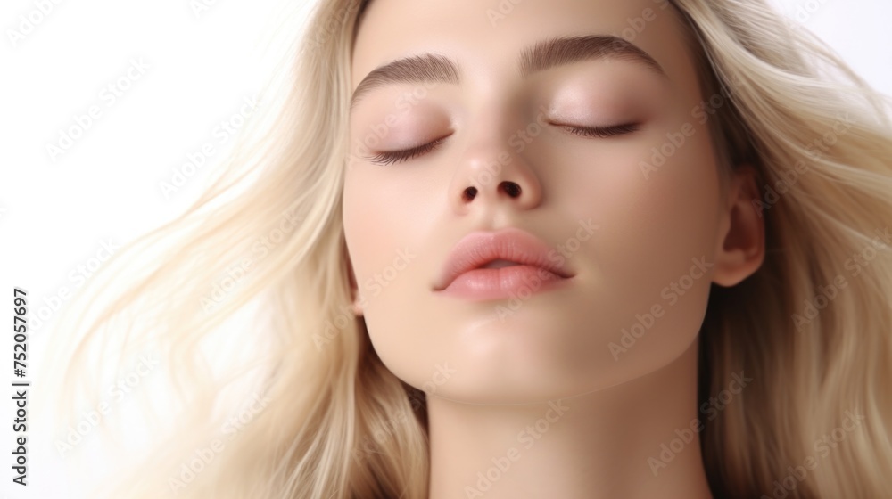 A woman with her eyes closed in peaceful meditation. Suitable for wellness and relaxation concepts A woman with her eyes closed in peaceful meditation. Suitable for wellness and relaxation concepts