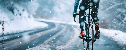 A cyclist pedaling through wintry snow on a road captured upclose. Concept Winter Cycling, Snowy Road, Close-Up Shot, Outdoor Adventure, Extreme Sports © Ян Заболотний