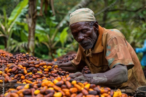 Man sorting cocoa beans at a chocolate farm.