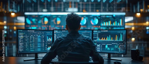 Business analysts use computers and dashboards for data business analysis and Data Management Systems with KPIs and metrics connected to the database for technology finance, operations, sales, and photo