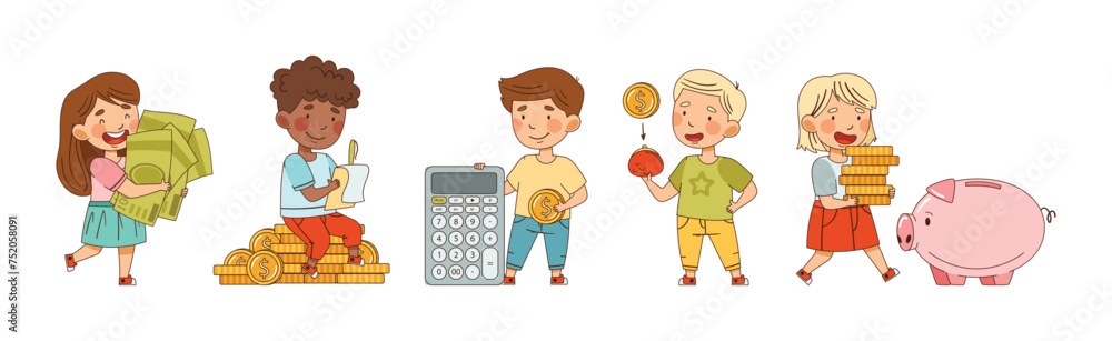 Financial Literacy with Little Children Dealing with Money Cash Vector Set