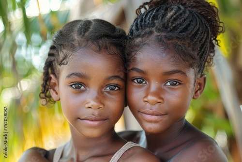 Two young African sisters with braided hair embracing.