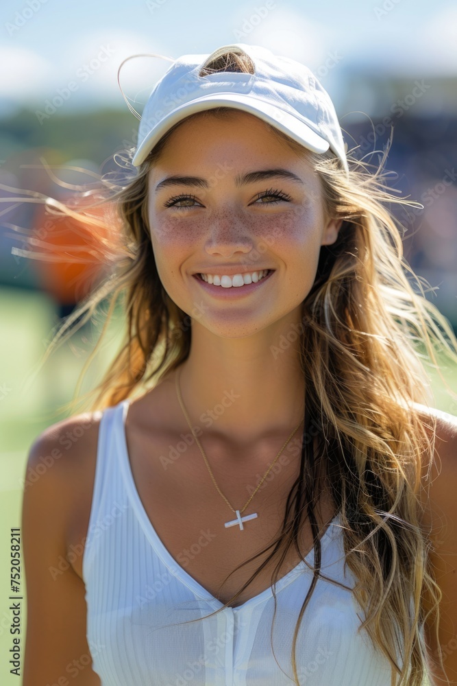 Portrait of a smiling young female tennis player with visor and freckles on a sunny day Portrait of a smiling young female tennis player with visor and freckles on a sunny day