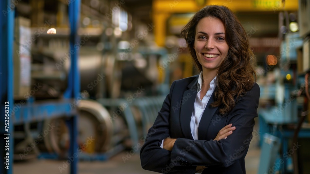 Confident female engineer in business attire at an industrial plant. Confident female engineer in business attire at an industrial plant.